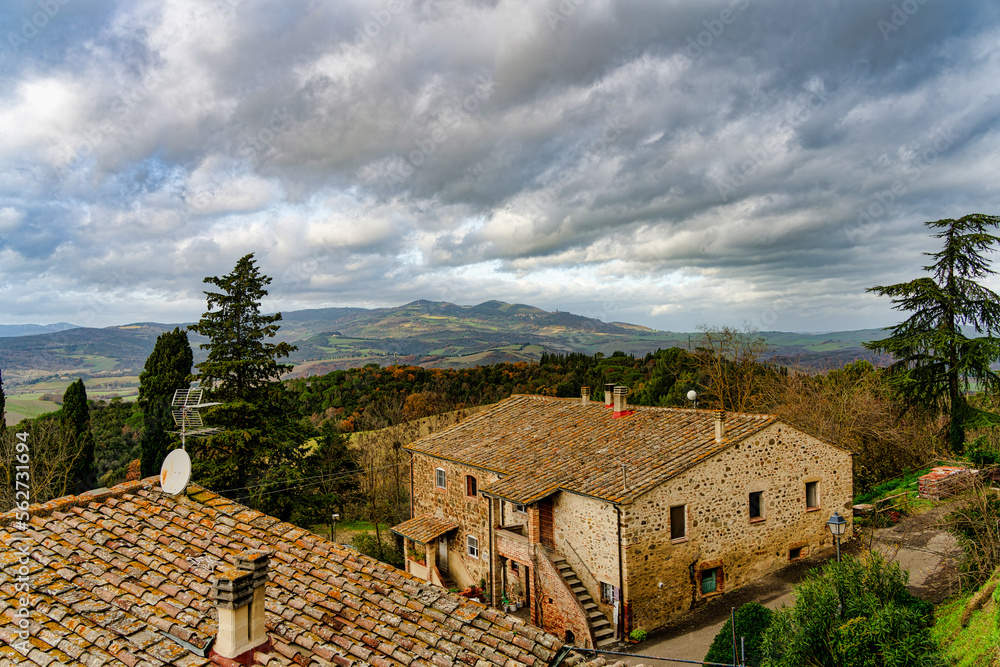 Autumn landscape of the countryside from the village of Montegemoli Pisa Tuscany Italy