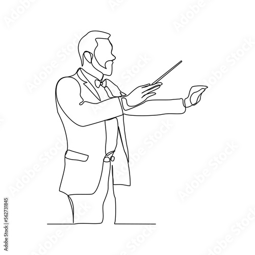 Continuous single one line art drawing of music conductor directing concert orchestra performance with stick and notes book. Vector illustration