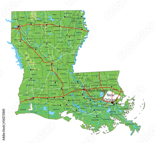 High detailed Louisiana physical map with labeling.