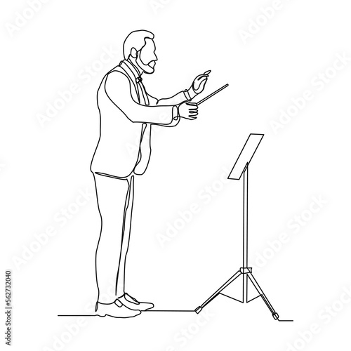 Continuous single one line art drawing of music conductor directing concert orchestra performance with stick and notes book. Vector illustration