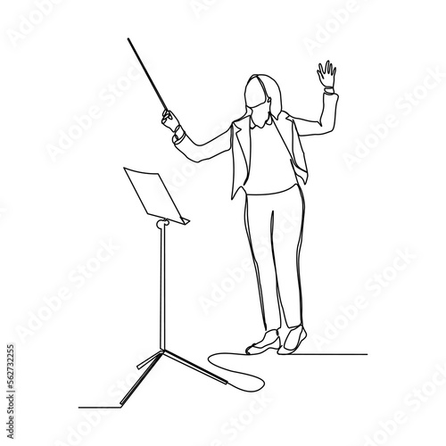 Continuous single one line art drawing of music conductor woman directing concert orchestra performance with stick and notes book. Vector illustration