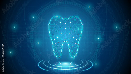 Human Organ Molar Tooth Digestive, Skeletal System Medical Cybernetic Part Transplant Replacement Neural Digital Hologram Neon Glow Futuristic Triangulated Polygonal Low Poly Background