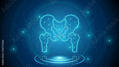 Human Organ Hip Bone and Joint Articular Skeletal System Medical Cybernetic Part Transplant Replacement Neural Digital Hologram Neon Glow Futuristic Triangulated Polygonal Low Poly Background