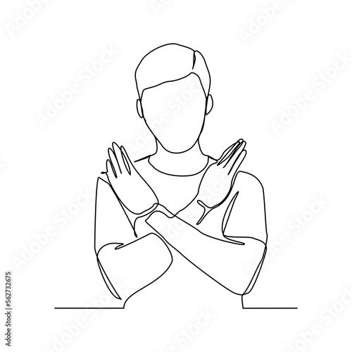 Continuous single one line art drawing of man crossing hands gesture say no stop rejection ban or enough