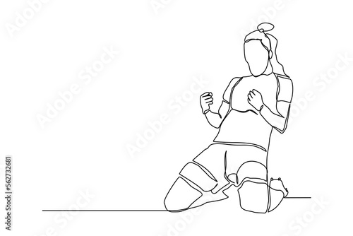 Continuous single one line art drawing of football soccer player woman celebrating victory success goal on competition. Vector illustration