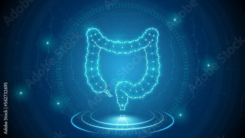 Human Organ Large Intestine Colon Gastrointestinal System Medical Cybernetic Part Transplant Replacement Neural Digital Hologram Neon Glow Futuristic Triangulated Polygonal Low Poly Background