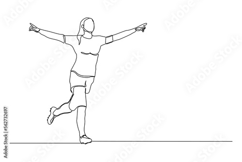 Continuous single one line art drawing of football soccer player woman celebrating victory success goal on competition. Vector illustration