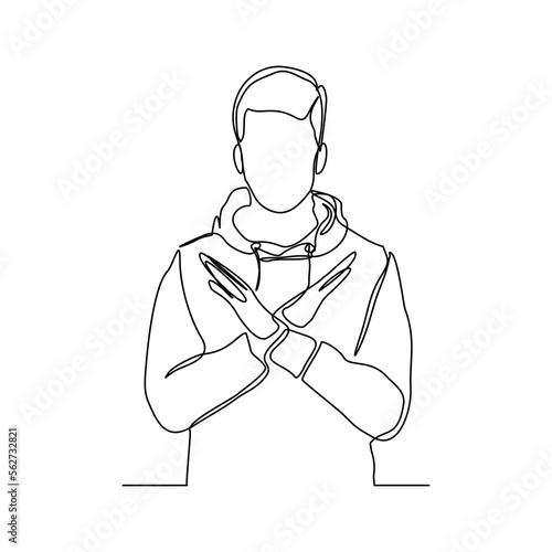 Continuous single one line art drawing of man crossing hands gesture say no stop rejection ban or enough