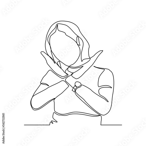 Continuous single one line art drawing of woman crossing hands gesture say no stop rejection ban or enough