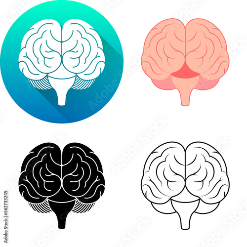 Set of Human Brain Front View Central Nervous System Medical Human Organ Logo Icon Minimalistic Flat Diagonal Shadow, Black-White Silhouette, Line Art Isolated on White Background