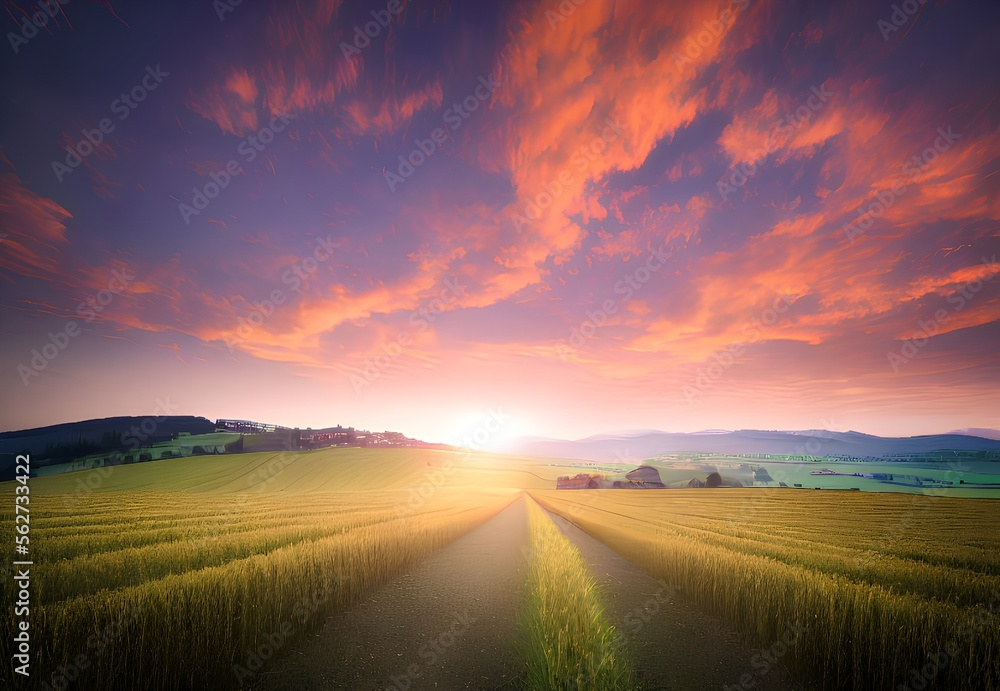 Generative AI,scenic view of agricultural field against sky during sunset