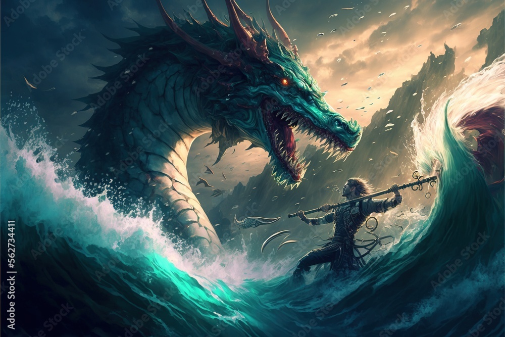 Fighting the sea dragon, digital art style, illustration painting Stock