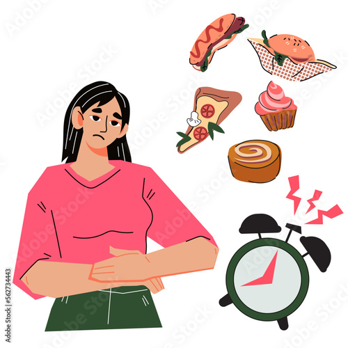 Hungry woman skipped meal time and feeling pain and discomfort from hunger, flat cartoon vector illustration isolated on white background. Irregular eating and hunger weakness.