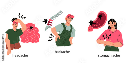 People suffering from back, head and stomach pain with symbols of unhealthy body organs. Chronic disease and health problems, flat cartoon vector illustration isolated on white background.