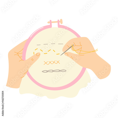 Cross-stitch hoop with hands embroidering stitches on canva. Vector hand drawn illustration. Isolated on white.