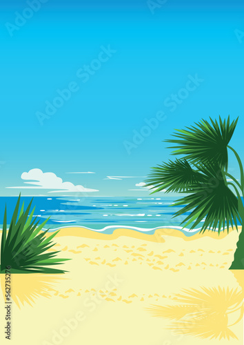 Tropical beach with palm tree and shining sea for screensaver  banner or poster. Summer vacation by the sea vector vertical background