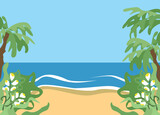 Tropical beach with palm tree and shining sea for screensaver, banner or poster. Summer vacation by the sea vector vertical background