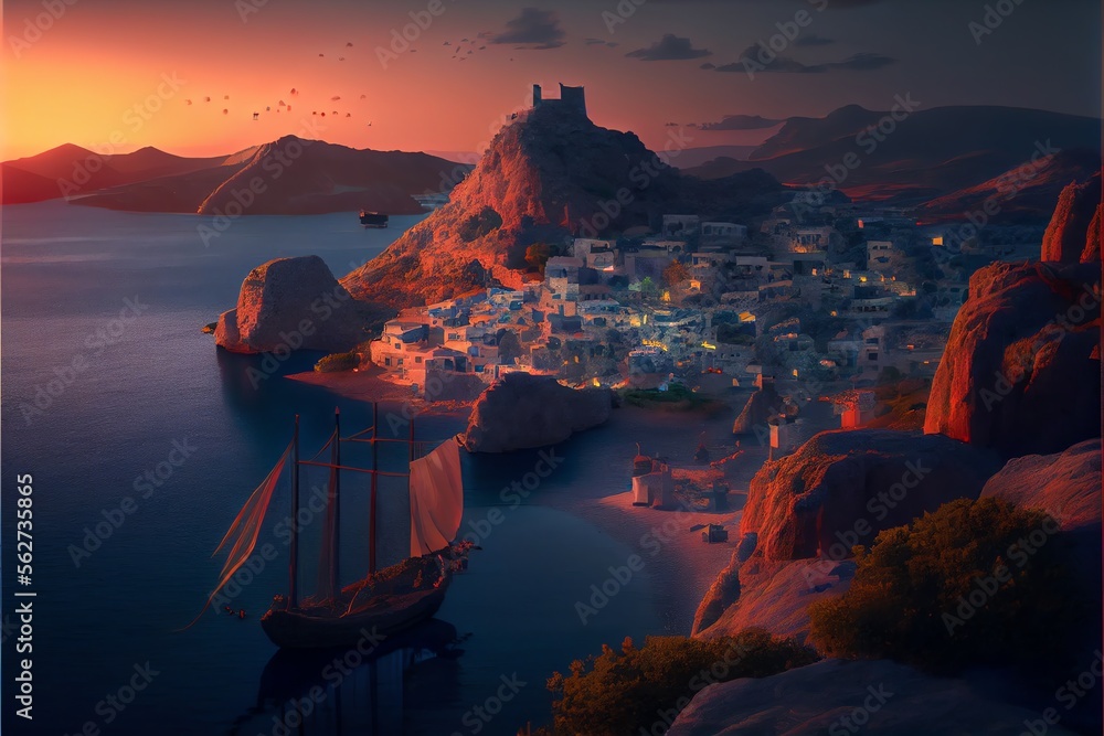 Beautiful Greek island in the evening with an ancient village and Mediterranean sunset landscape. Generative AI