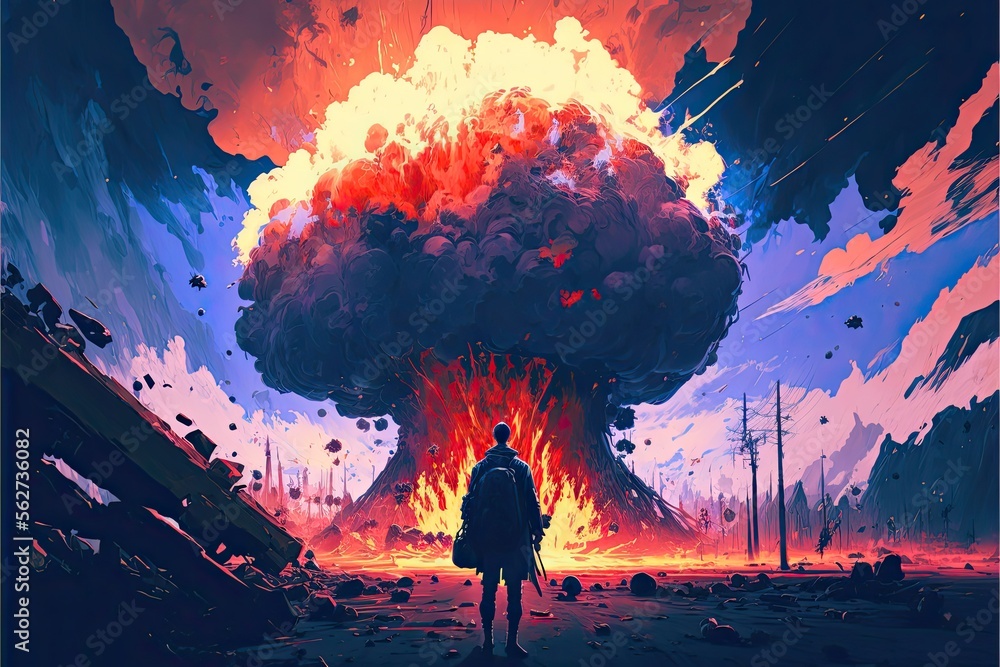 Young man standing in a destroyed world, nuclear explosion with vibrant ...