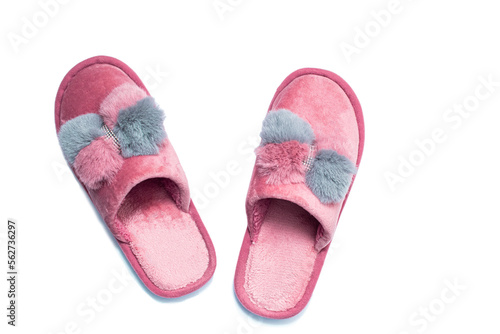 Home female pink and grey slippers on a white background.