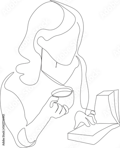 One continuous line drawing of young happy female while reading a novel book story. Cozy home composition with a character of a girl with a cup reading book