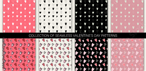 Set of 8 elegant seamless patterns with hand drawn decorative hearts, design elements. Romantic patterns for greeting cards, scrapbooking, print, gift wrap. Collection of valentines day backgrounds