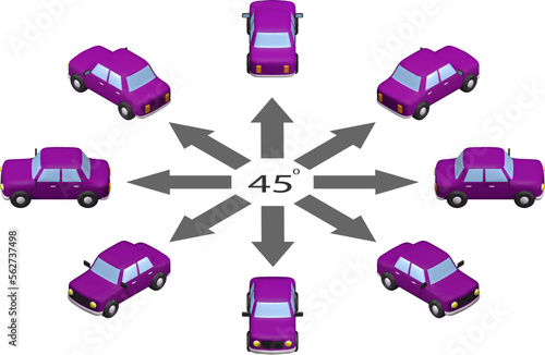 Rotation 3d car by 45 degrees. Mesh car in different angles in isometric view.