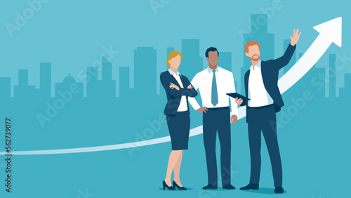 To give a financial advice.. Growth. A young man explains an investment strategy. Business vector illustration.