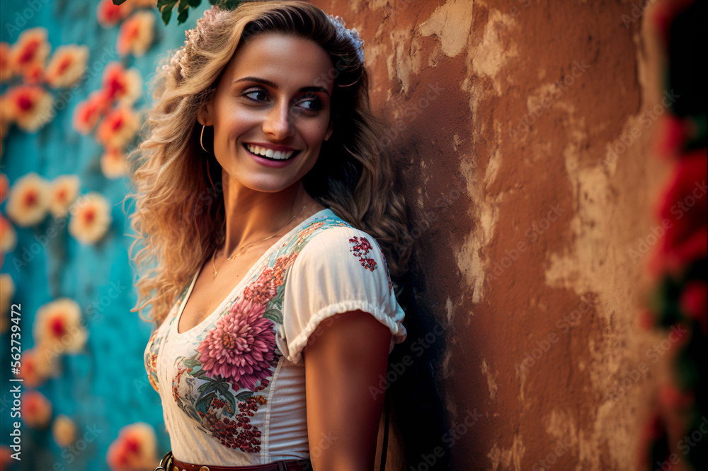 Fictional Person, happy beautiful european woman in red outfit leaning against a wall with red flowers, generated by ia Fictional Person, happy beautiful european woman in red outfit leaning against a wall with red flowers, generated by ia