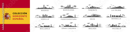 Obraz na płótnie Colección de skylines españoles, grandes ciudades de España, Madrid, Barcelona, Sevilla, Málaga, Valencia, Marbella, Ibiza, Tenerife, Las Palmas, Gran Canaria w salonie