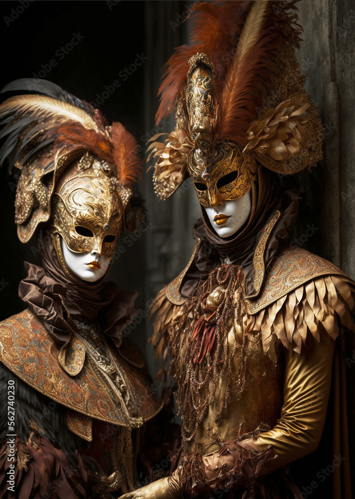Venetian Carnival Masquerade Illustration, Luxury Ornate Venetian Masks and Costumes, Fictional Characters, Generative AI - obrazy, fototapety, plakaty 