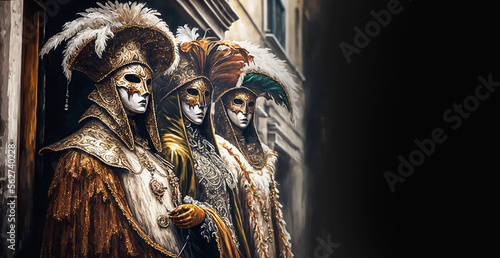 Venetian Carnival Masquerade Illustration, Luxury Ornate Venetian Masks and Costumes, Fictional Characters, Generative AI