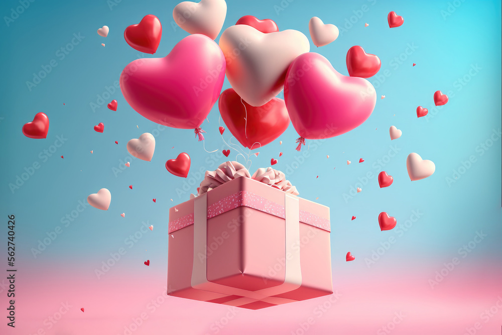 valentines day concept 3D heart shaped balloons flying with gift boxes ...