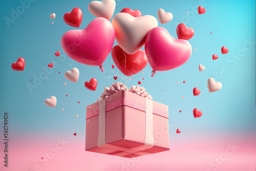 Leinwand Poster valentines day concept 3D heart shaped balloons flying with gift boxes on pink background