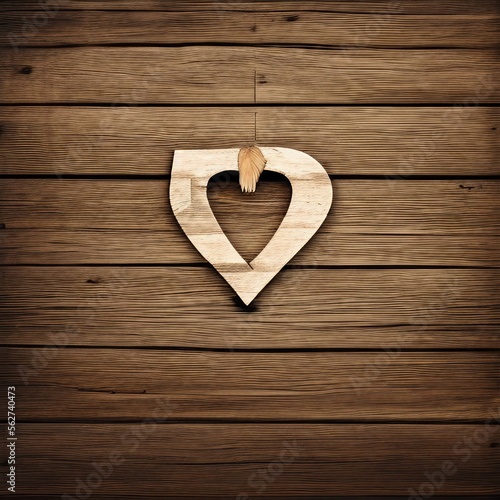 Coeur en bois clair avec une feuille séchée, posé sur un mur de lattes de bois