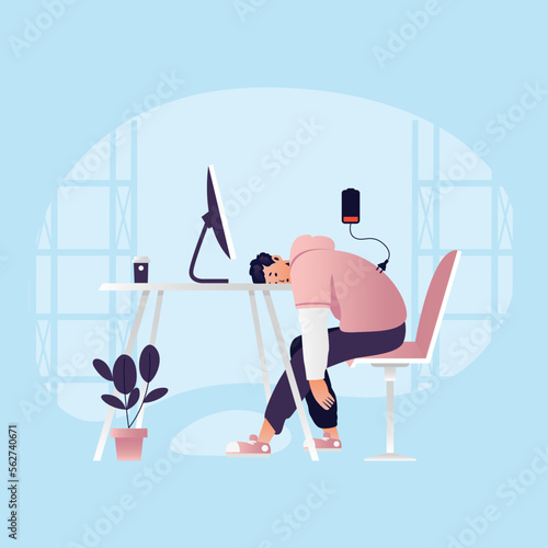 Young man working at home. Tired and burn out freelancer, remote work concept. Vector illustration in flat style