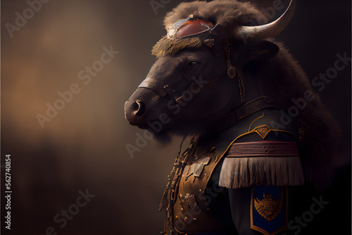 Fototapeta bison in a military outfit, generative ai