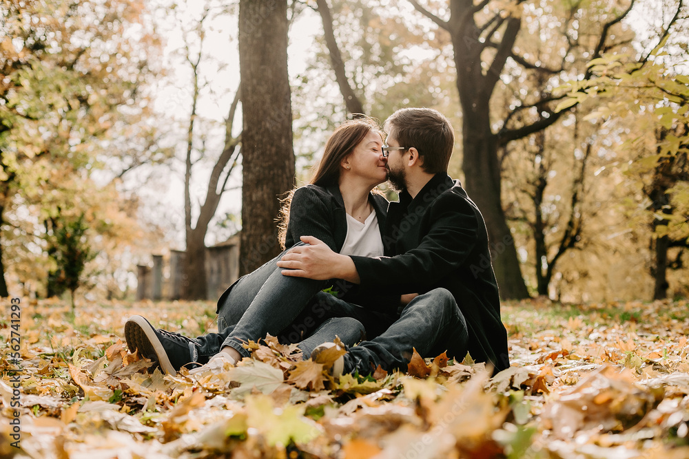 Fototapeta premium Portrait of man kissing with woman in background on sunny autumn park. Tender boyfriend, in casual coat, sitting on ground with beloved woman and kissing during sunny weather