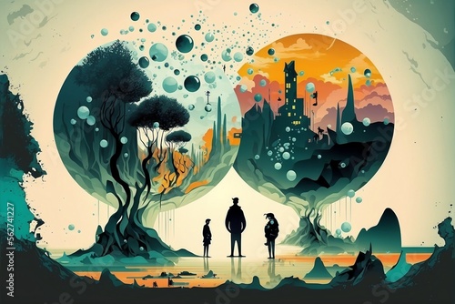 Digital illustration that showcases a group of people  Characters in a dream-like setting  a fantastical landscape  alternate reality  abstract environment  Generative AI