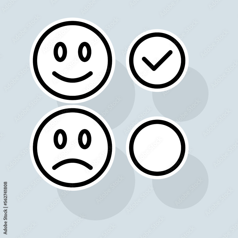 Emoji with check mark line icon. Like, dislike, rate the service, clipboard with checkmark, rating, clipboard with thumbs up. Feedback concept. Vector sticker line icon on white background Emoji with check mark line icon. Like, dislike, rate the service, clipboard with checkmark, rating, clipboard with thumbs up. Feedback concept. Vector sticker line icon on white background