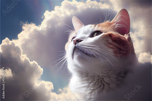 Fototapeta A happy cat in heaven symbolizing pet and animals after life, generative AI