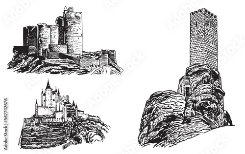 Graphical set of medieval catles isolated on white, vector illustration.Architecture