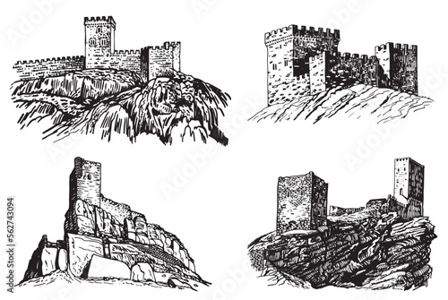 Graphical set of medieval catles isolated on white, vector illustration.Architecture