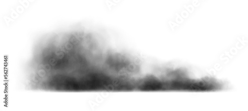 Black smoke cloud, dirty toxic fog or smog. Black fume texture isolated on white background. Vector realistic illustration of dark  smoky