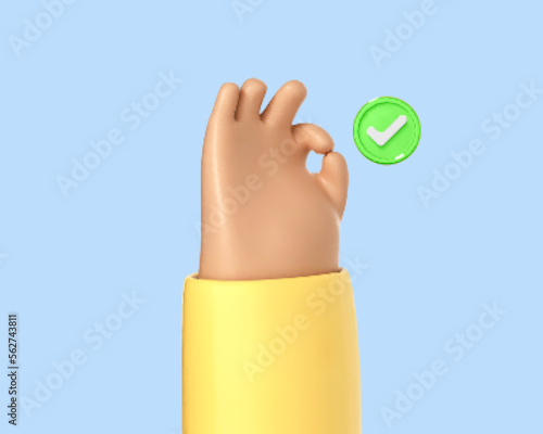 3D cartoon hand making OK gesture and green check mark icon Isolated on blue background. Vector 3d illustration