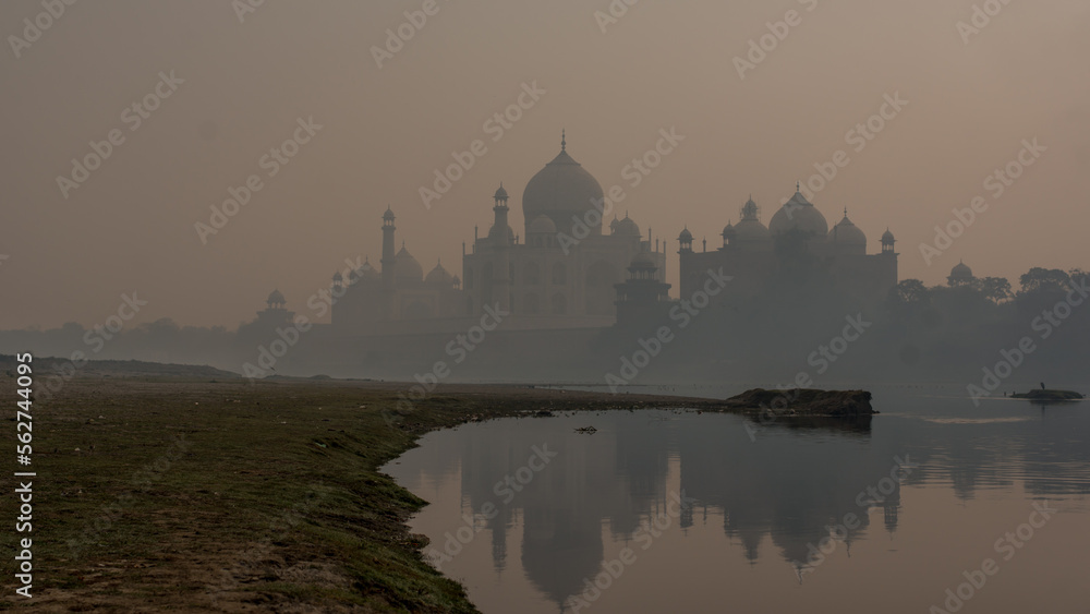 Agra, Uttar Pradesh, India - 08 Jan 2021 : The view on Taj Mahal from river side