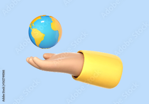 3D cartoon human hand holding globe Earth planet isolated on blue background. Earth day. Save world environment concept