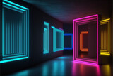 modern hotel corridor with panels and neon lights background dark neon Generative AI, IA, Generativa