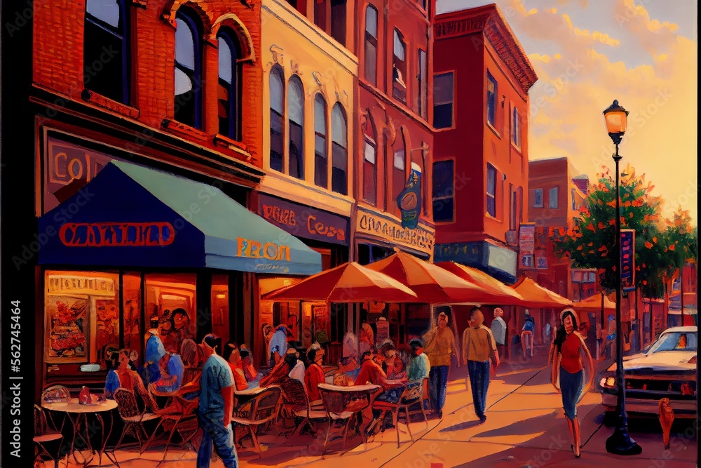Naklejka premium Painting of a busy city street with people dining outside a restaurant and pizza parlor. Generative AI