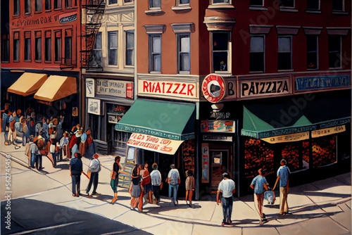 Painting of a busy city street with people dining outside a restaurant and pizza parlor. Generative AI